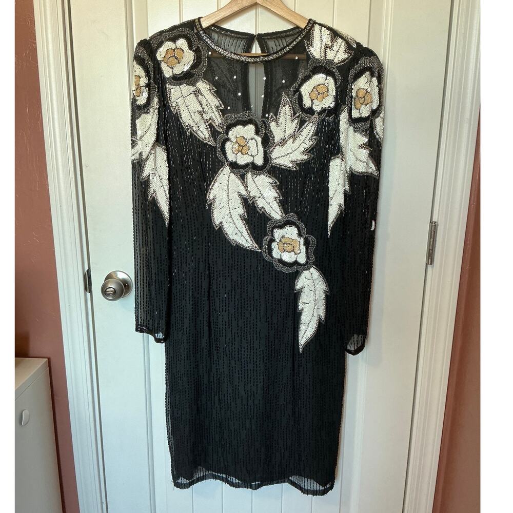 Vintage NiteLine Beaded Silk Floral Mini Dress W12 Black/White